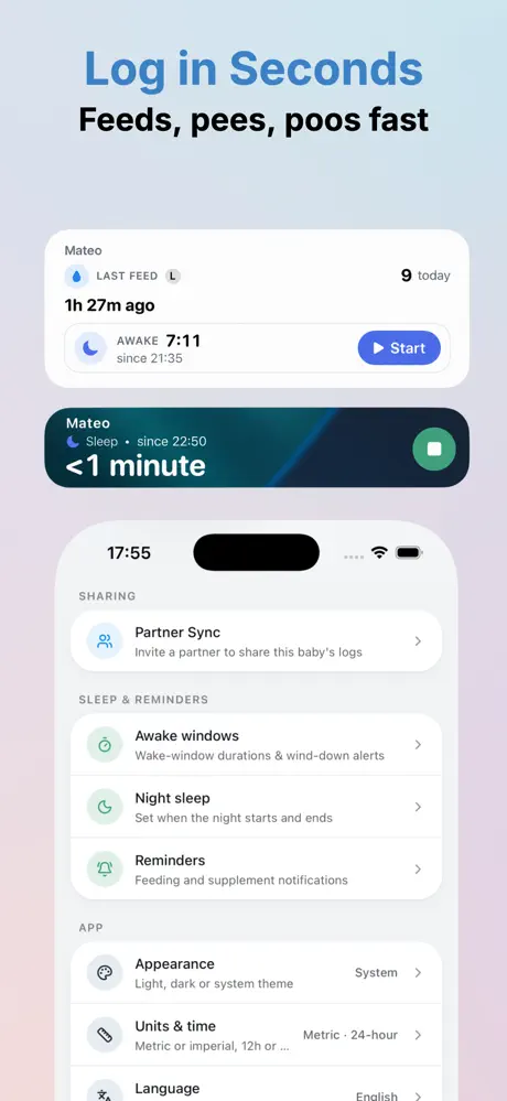 Bebito Home Screen widget showing time since the last feed, and a sleep timer on the Lock Screen